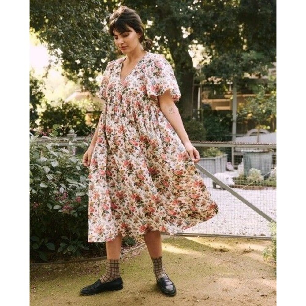 The Great. The Wish Midi Dress Floral Printed Cotton Flowy Resort S-1 New 279916